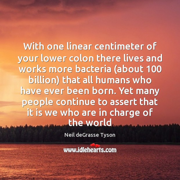 With one linear centimeter of your lower colon there lives and works Neil deGrasse Tyson Picture Quote