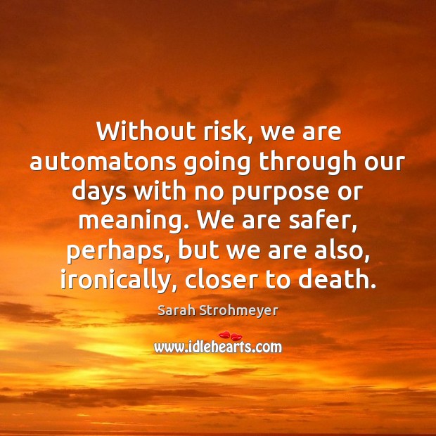 Without risk, we are automatons going through our days with no purpose Sarah Strohmeyer Picture Quote