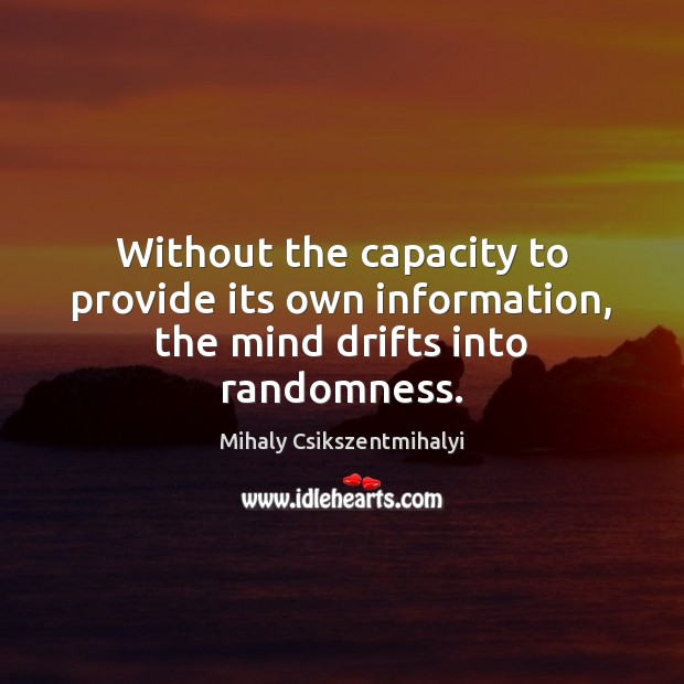 Without the capacity to provide its own information, the mind drifts into randomness. Mihaly Csikszentmihalyi Picture Quote