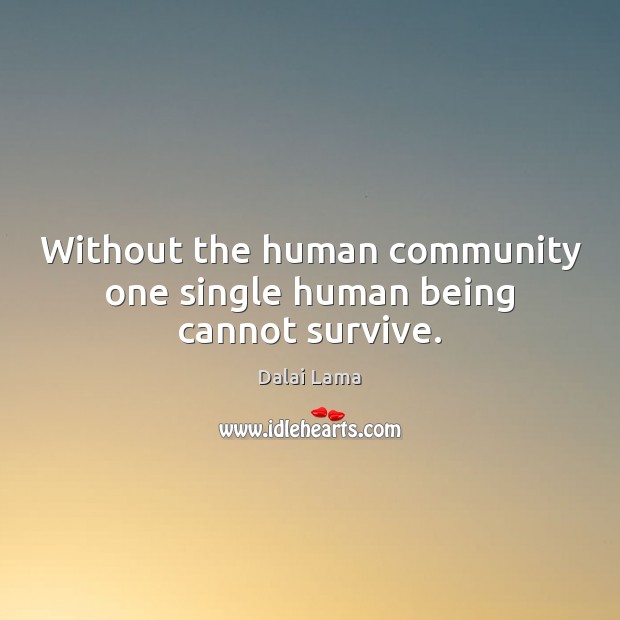 Without the human community one single human being cannot survive. Dalai Lama Picture Quote