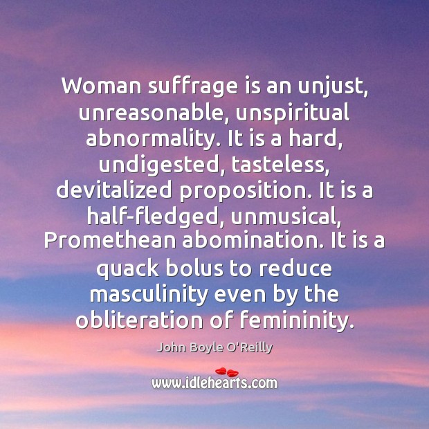 Woman suffrage is an unjust, unreasonable, unspiritual abnormality. It is a hard, 
