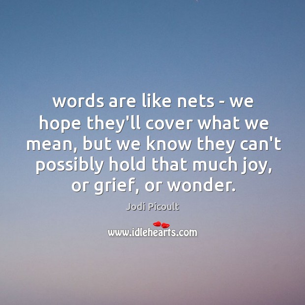 Words are like nets – we hope they’ll cover what we mean, Jodi Picoult Picture Quote