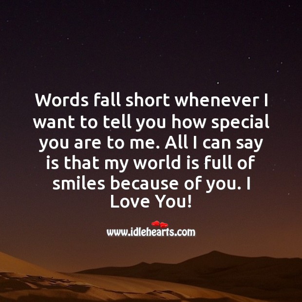 Words fall short whenever I want to tell you how special you are to me. I Love You Quotes Image