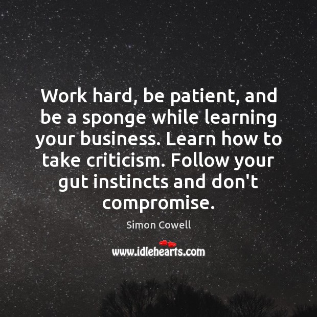 Work hard, be patient, and be a sponge while learning your business. Simon Cowell Picture Quote
