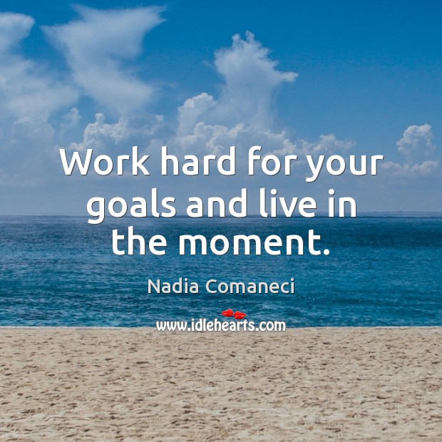 Work hard for your goals and live in the moment. Nadia Comaneci Picture Quote