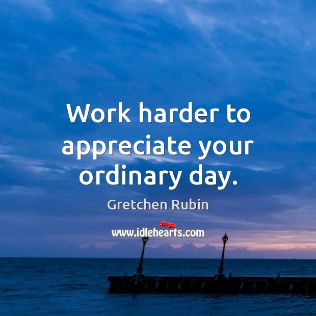 Work harder to appreciate your ordinary day. Gretchen Rubin Picture Quote