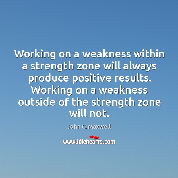 Working on a weakness within a strength zone will always produce positive John C. Maxwell Picture Quote