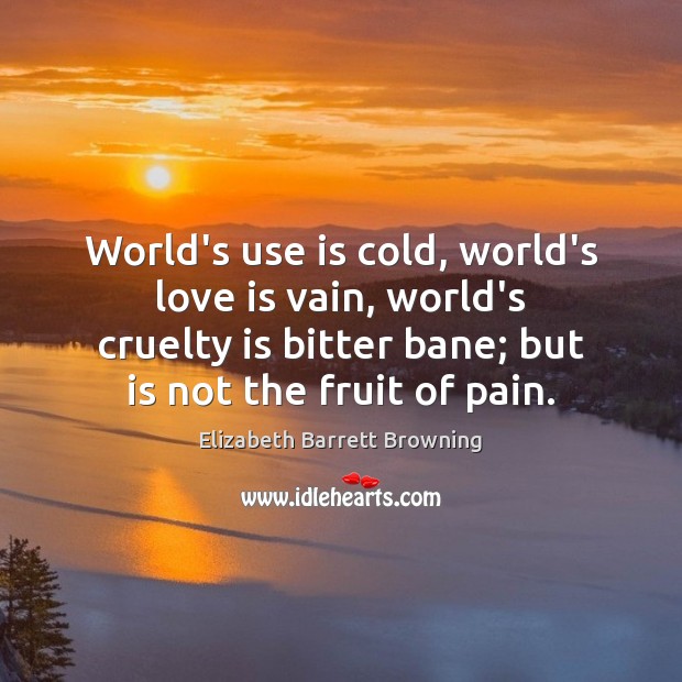 World’s use is cold, world’s love is vain, world’s cruelty is bitter Elizabeth Barrett Browning Picture Quote