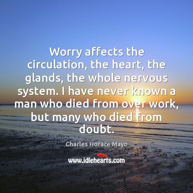 Worry affects the circulation, the heart, the glands, the whole nervous system. Charles Horace Mayo Picture Quote