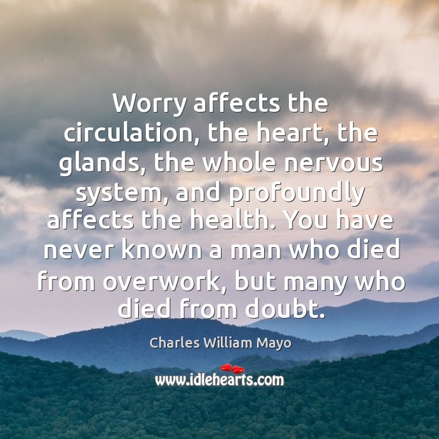 Worry affects the circulation, the heart, the glands, the whole nervous system. Charles William Mayo Picture Quote