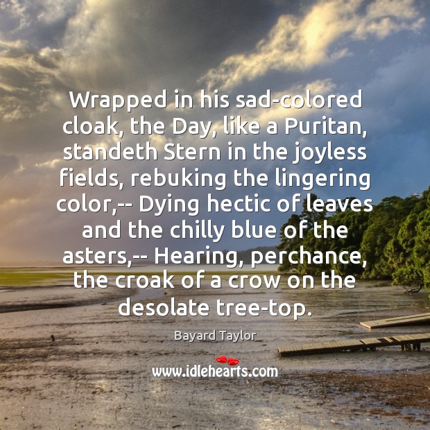Wrapped in his sad-colored cloak, the Day, like a Puritan, standeth Stern Bayard Taylor Picture Quote