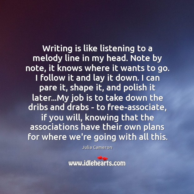 Writing is like listening to a melody line in my head. Note Writing Quotes Image