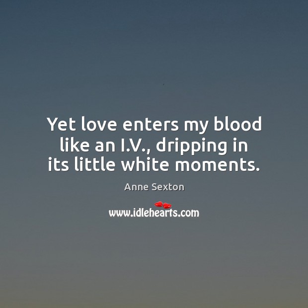 Yet love enters my blood like an I.V., dripping in its little white moments. Anne Sexton Picture Quote