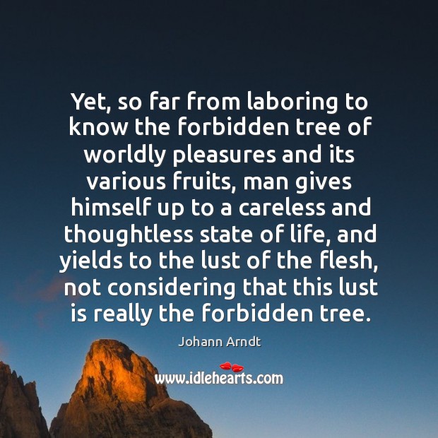 Yet, so far from laboring to know the forbidden tree of worldly pleasures and its various fruits Image