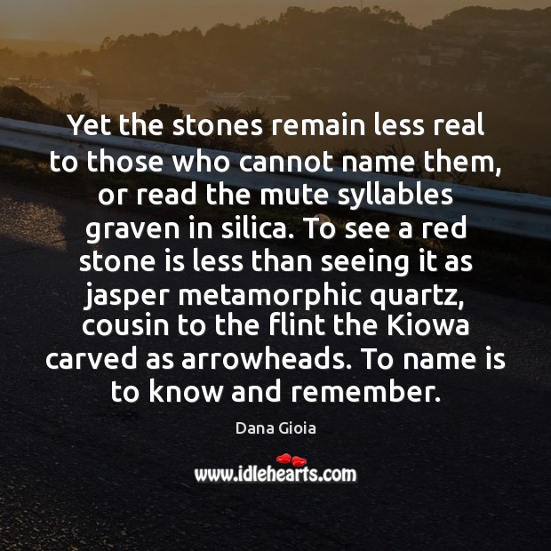 Yet the stones remain less real to those who cannot name them, Dana Gioia Picture Quote