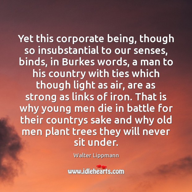 Yet this corporate being, though so insubstantial to our senses, binds, in Walter Lippmann Picture Quote