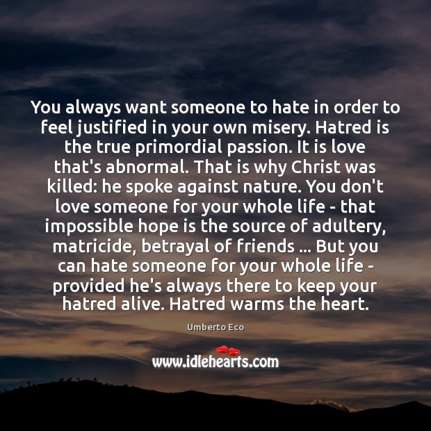 You always want someone to hate in order to feel justified in Love Someone Quotes Image