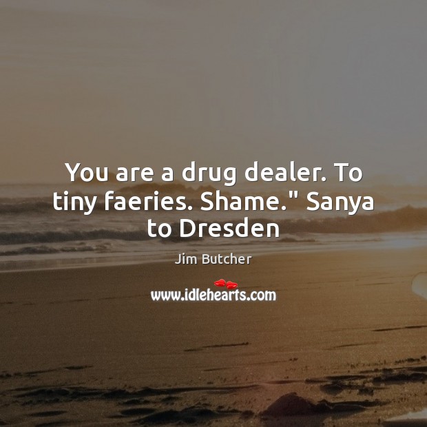 You are a drug dealer. To tiny faeries. Shame.” Sanya to Dresden Jim Butcher Picture Quote