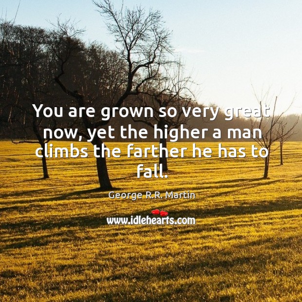 You are grown so very great now, yet the higher a man climbs the farther he has to fall. George R.R. Martin Picture Quote