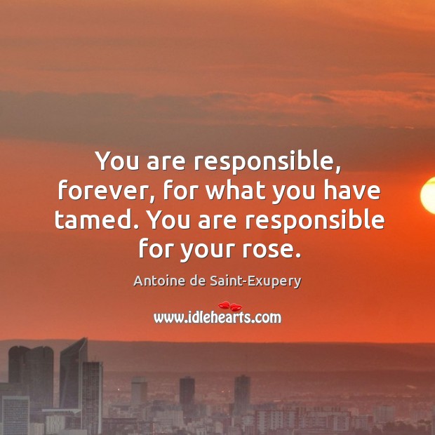 You are responsible, forever, for what you have tamed. You are responsible for your rose. Antoine de Saint-Exupery Picture Quote