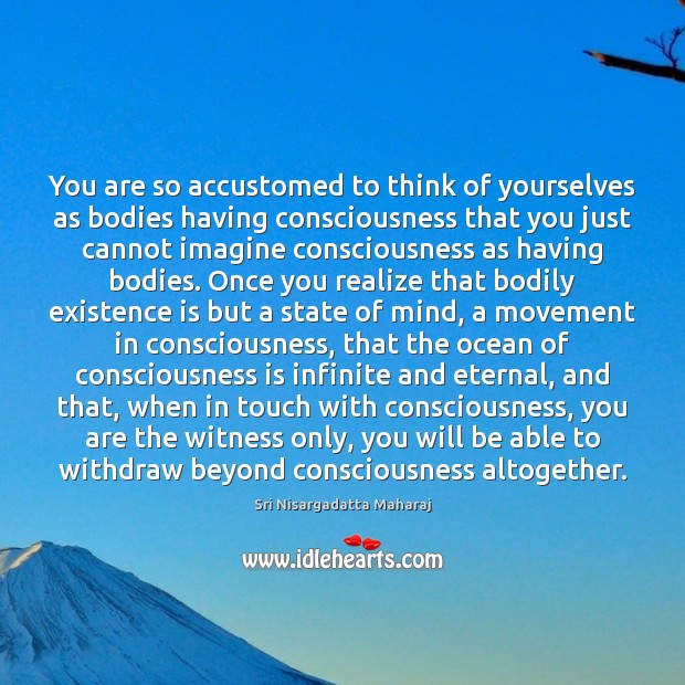 You are so accustomed to think of yourselves as bodies having consciousness Sri Nisargadatta Maharaj Picture Quote
