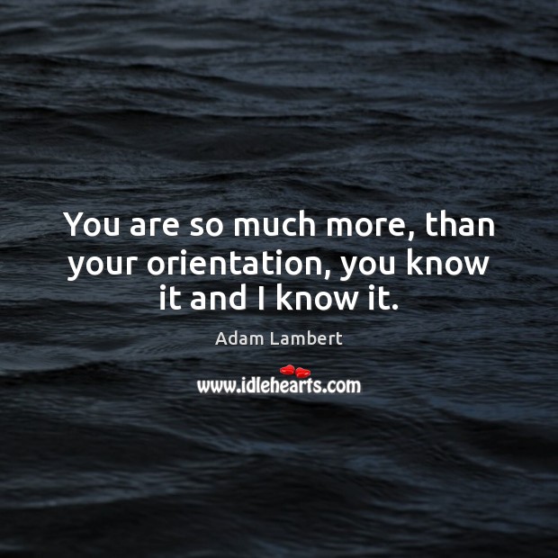 You are so much more, than your orientation, you know it and I know it. Adam Lambert Picture Quote