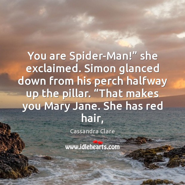 You are Spider-Man!” she exclaimed. Simon glanced down from his perch halfway Image