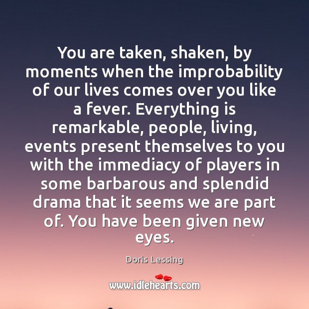 You are taken, shaken, by moments when the improbability of our lives Doris Lessing Picture Quote