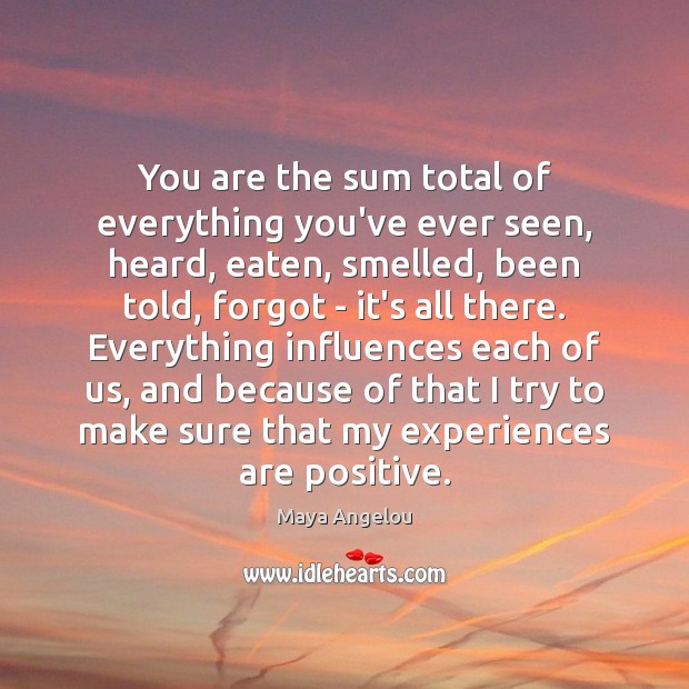 You are the sum total of everything you’ve ever seen, heard, eaten, Maya Angelou Picture Quote