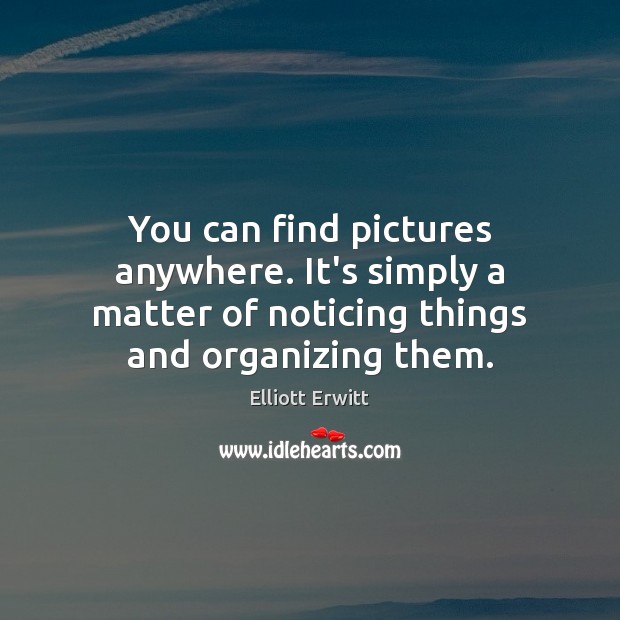 You can find pictures anywhere. It’s simply a matter of noticing things Elliott Erwitt Picture Quote