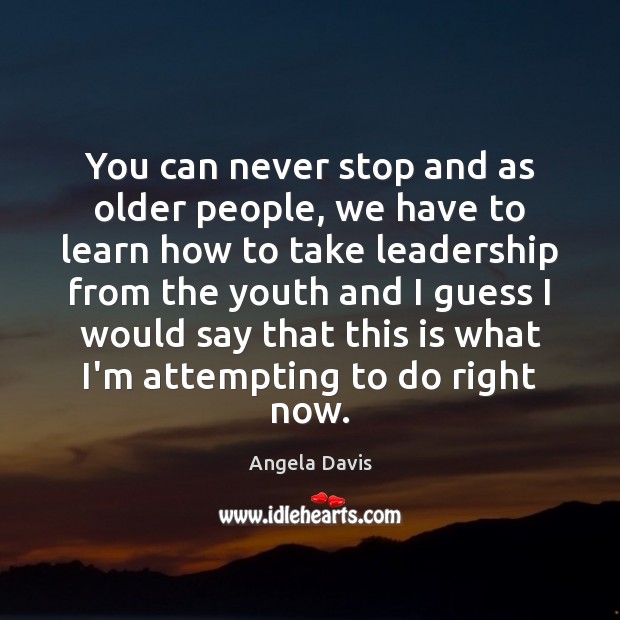 You can never stop and as older people, we have to learn Angela Davis Picture Quote