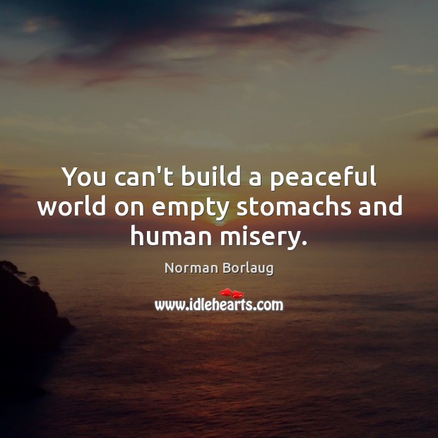 You can’t build a peaceful world on empty stomachs and human misery. Norman Borlaug Picture Quote
