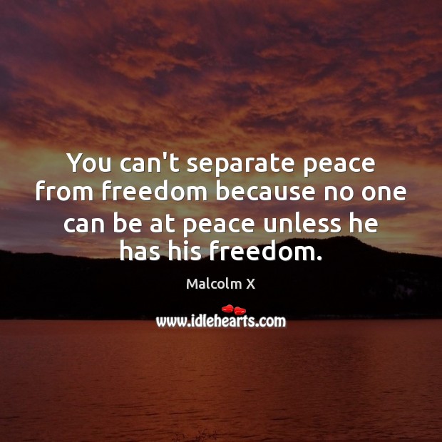 You can’t separate peace from freedom because no one can be at Malcolm X Picture Quote