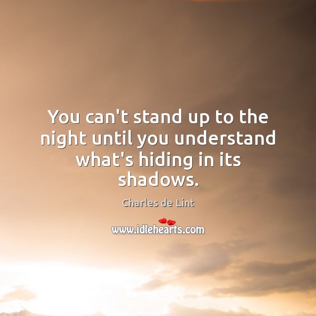 You can’t stand up to the night until you understand what’s hiding in its shadows. Charles de Lint Picture Quote