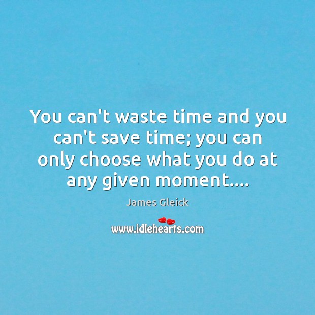 You can’t waste time and you can’t save time; you can only James Gleick Picture Quote