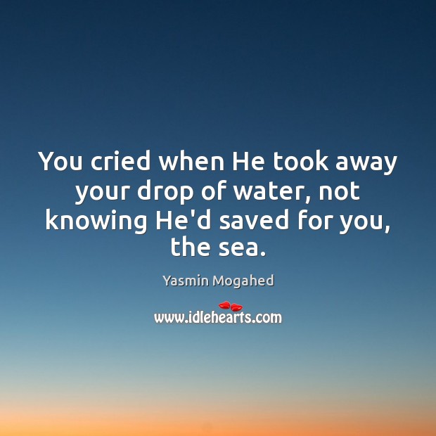 You cried when He took away your drop of water, not knowing He’d saved for you, the sea. Yasmin Mogahed Picture Quote