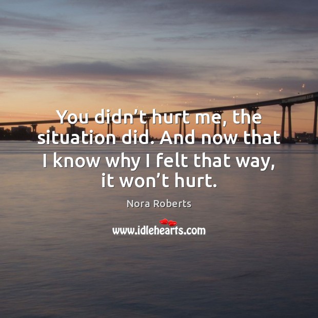 You didn’t hurt me, the situation did. And now that I Nora Roberts Picture Quote