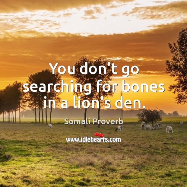 You don’t go searching for bones in a lion’s den. Somali Proverbs Image