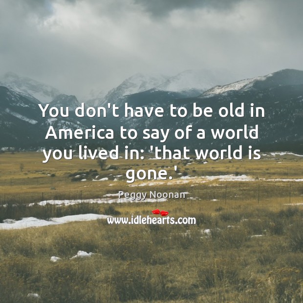 You don’t have to be old in America to say of a world you lived in: ‘that world is gone.’ Peggy Noonan Picture Quote