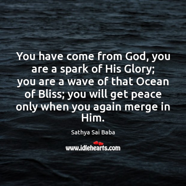 You have come from God, you are a spark of His Glory; Sathya Sai Baba Picture Quote