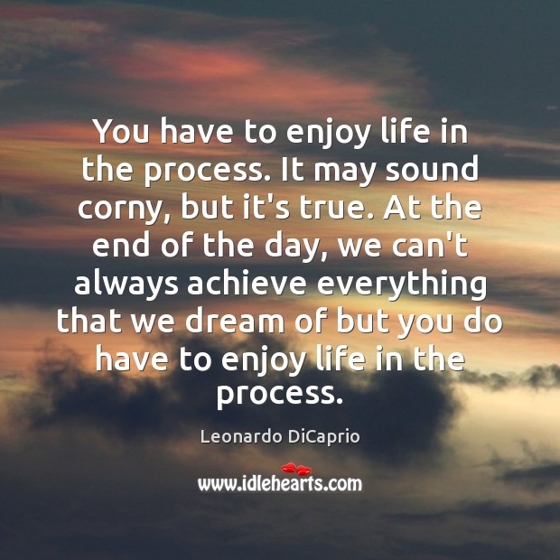 You have to enjoy life in the process. It may sound corny, Leonardo DiCaprio Picture Quote