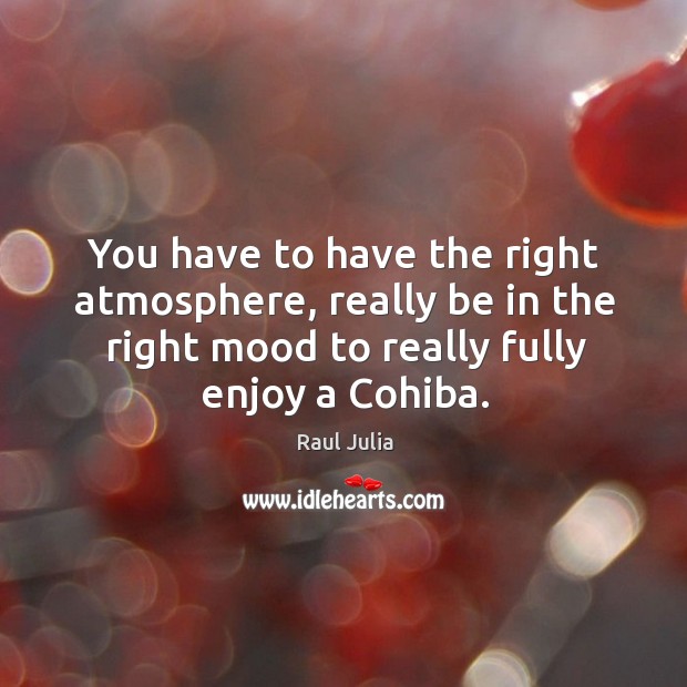 You have to have the right atmosphere, really be in the right mood to really fully enjoy a cohiba. Raul Julia Picture Quote