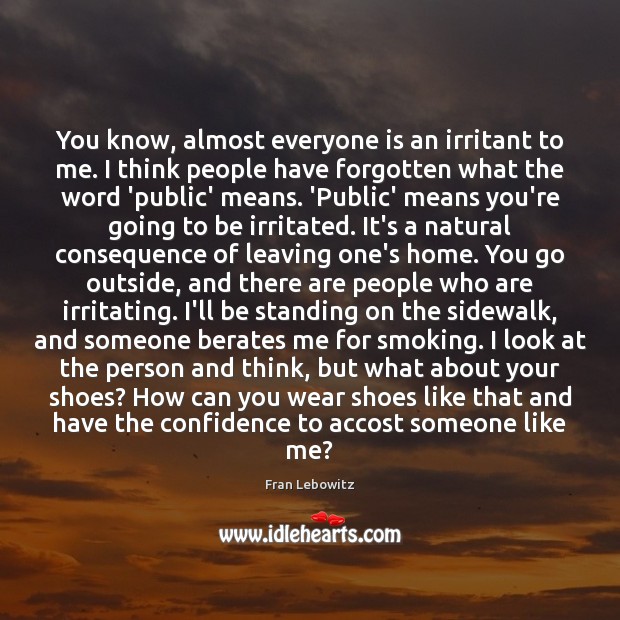 You know, almost everyone is an irritant to me. I think people Fran Lebowitz Picture Quote