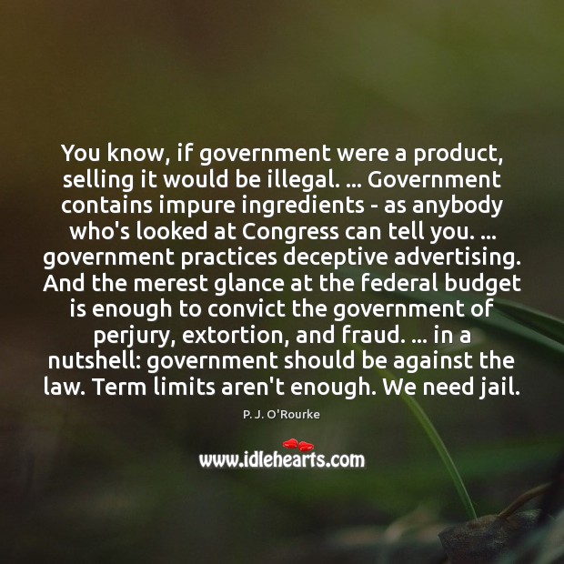 You know, if government were a product, selling it would be illegal. … P. J. O’Rourke Picture Quote