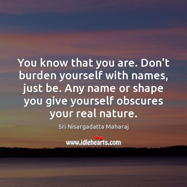 You know that you are. Don’t burden yourself with names, just be. Sri Nisargadatta Maharaj Picture Quote