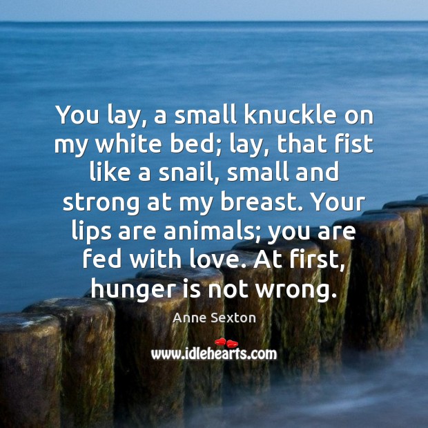 You lay, a small knuckle on my white bed; lay, that fist Image