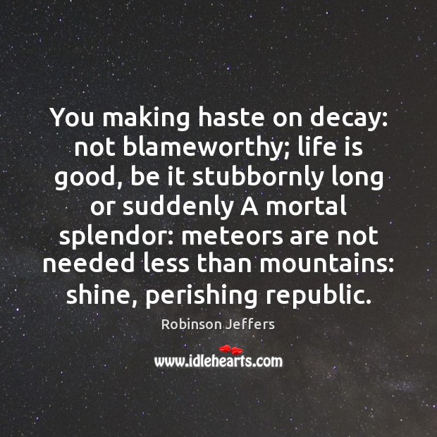 You making haste on decay: not blameworthy; life is good, be it Robinson Jeffers Picture Quote