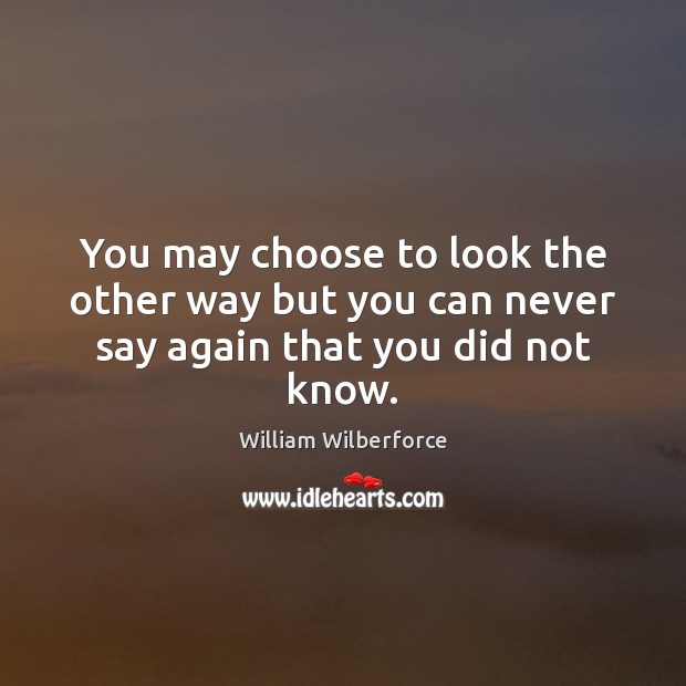 You may choose to look the other way but you can never say again that you did not know. William Wilberforce Picture Quote