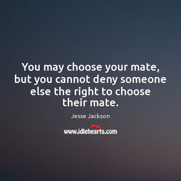 You may choose your mate, but you cannot deny someone else the right to choose their mate. Jesse Jackson Picture Quote