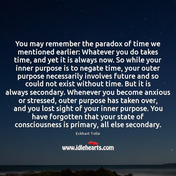 You may remember the paradox of time we mentioned earlier: Whatever you Eckhart Tolle Picture Quote